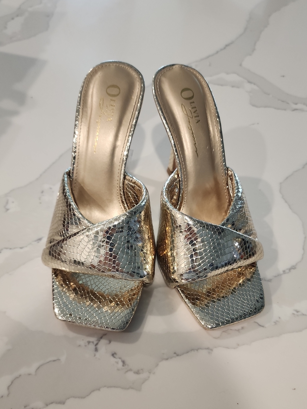 NEW Olivia Jaymes Metallic Gold Snake Print Heeled Mules - Size 7